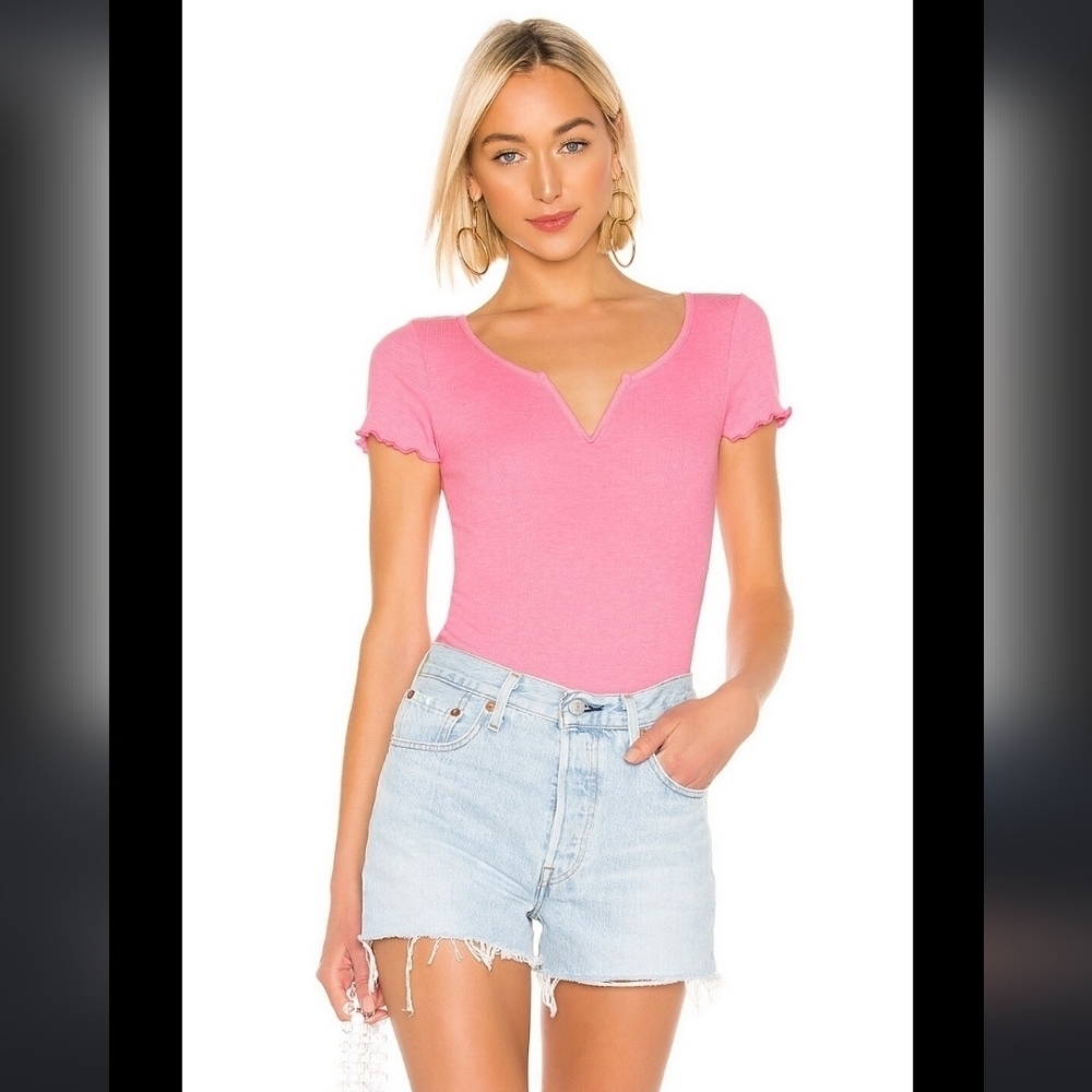 Wildfox Madison V-neck Ribbed Bodysuit Short Sleeve,  Bubble Gum Pink,‎ Size Med